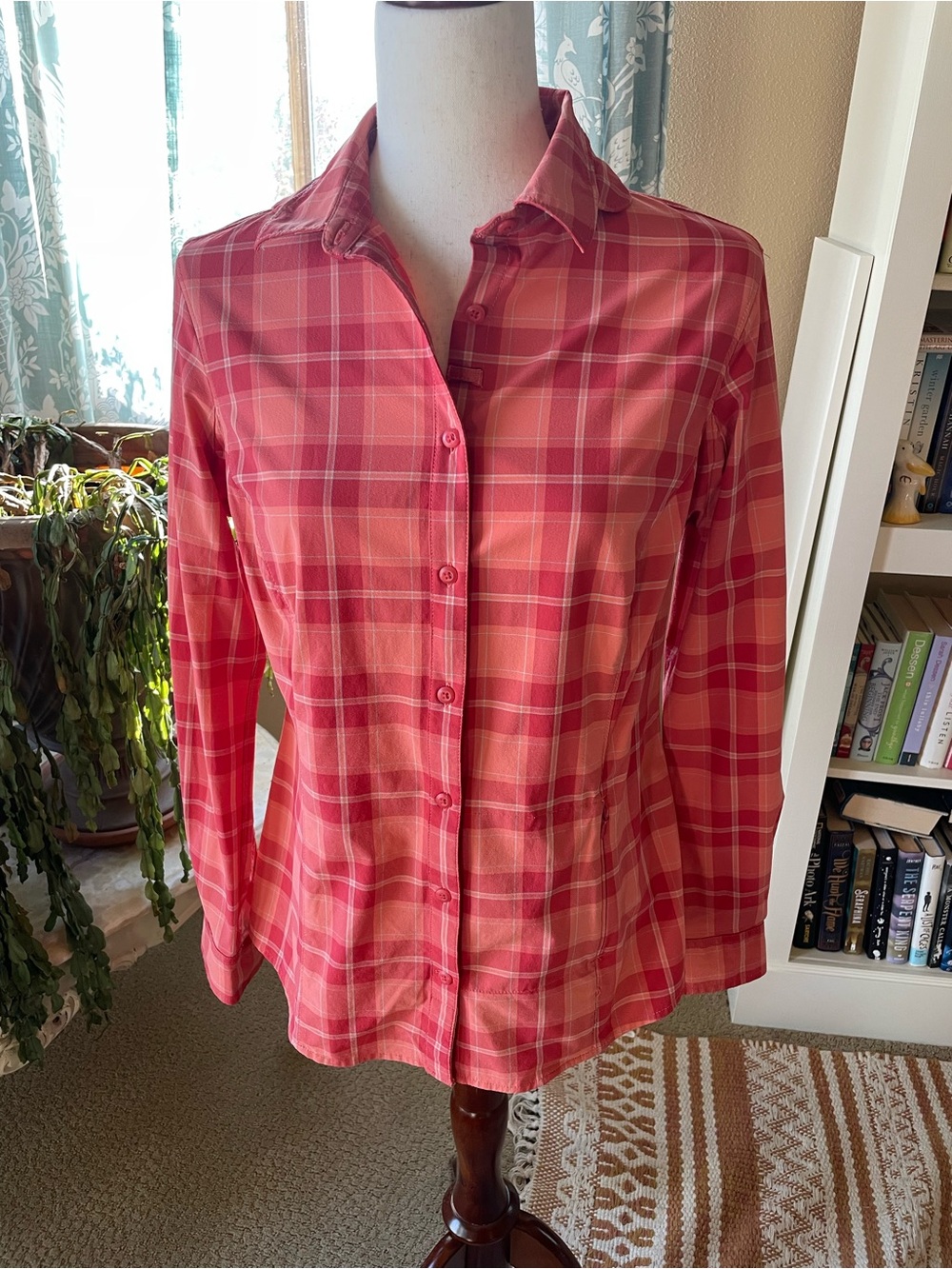 Duluth Trading Co nylon orange red plaid hiking outdoors button down